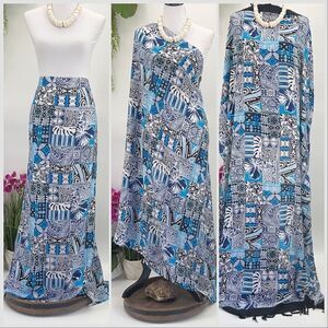 Blue White Black Tapa MAXI SARONG Kīkepa Pareo Beach Wrap Skirt